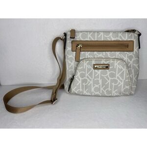 Calvin Klein Womens Beige White Monogram Adjustable Strap Crossbody Bag